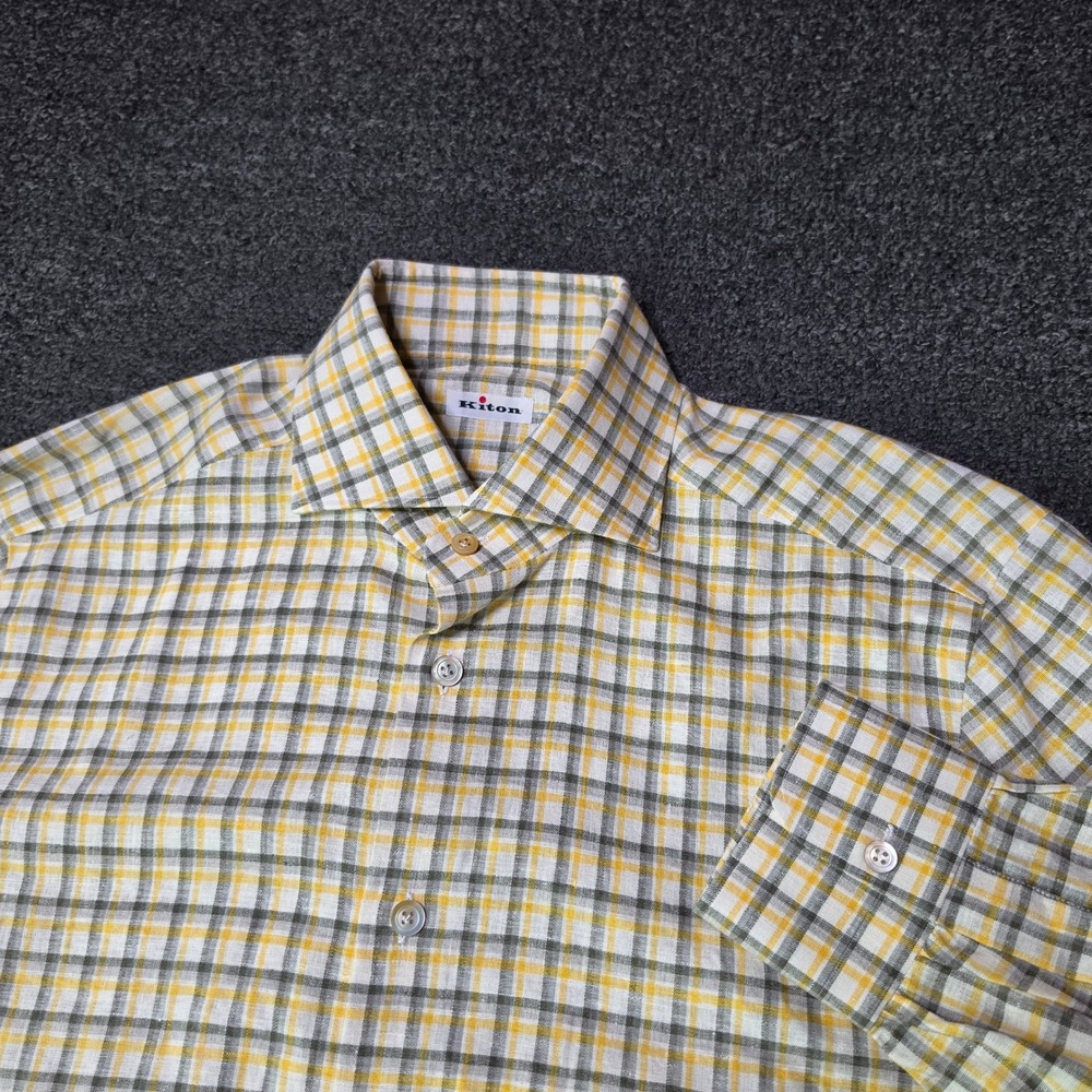 Kiton Button Up Dress Shirt Yellow White Plaid Mens 16 41 Linen Luxury Tailored